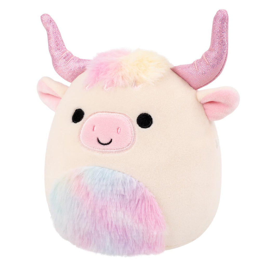 5-Inch Dagnus the Tan Highland Cow with Rainbow Tie-Dye Belly